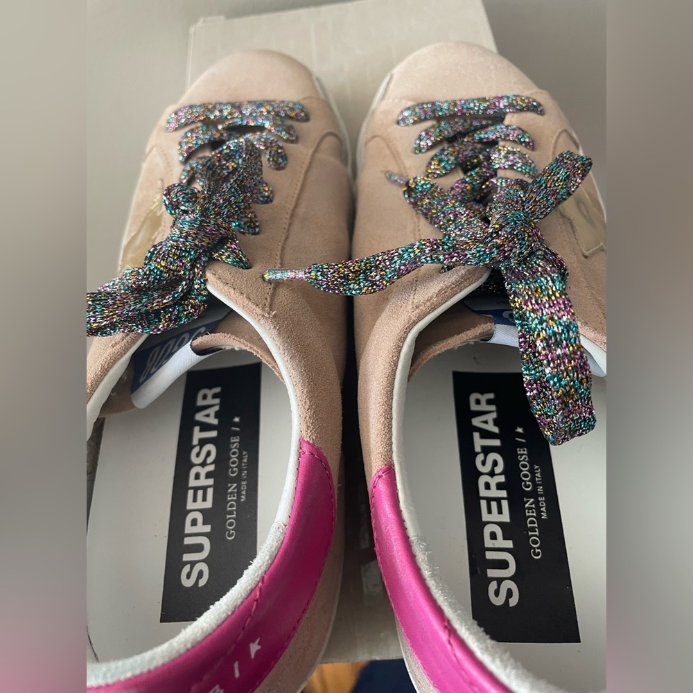 Golden Goose Superstar Nude Suede Gold Star Pink Heel Confetti Laces NEW IN BOX - Picture 8 of 13